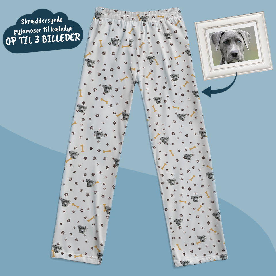 Hvide pyjamasbukser med poter og benprint – Personligt design med dit kæledyr (til voksne & børn)