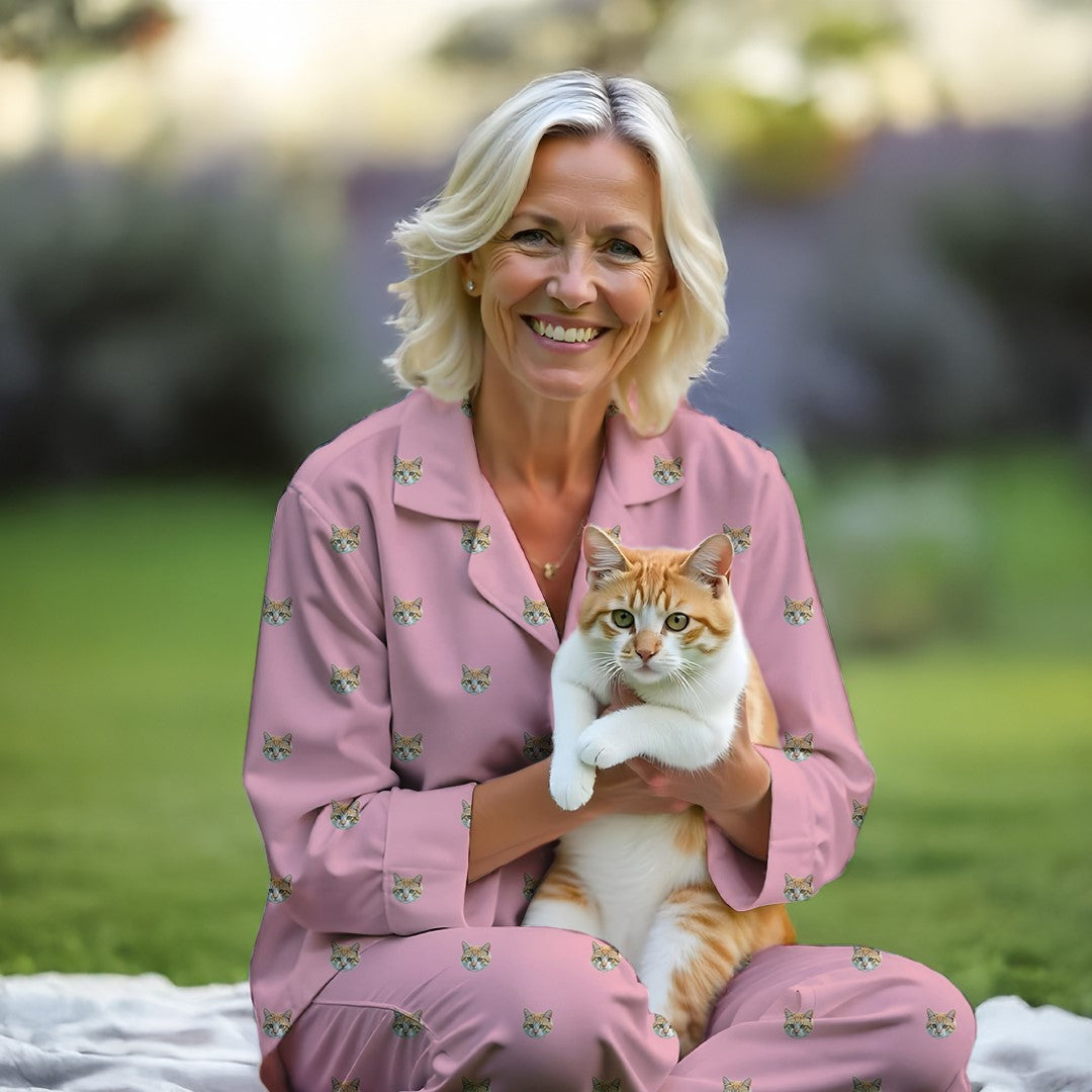 Kvinde i lyserødt pyjamassæt med katteprint – Holder en orange tabbykat udendørs